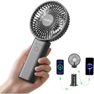 HandFan Upgraded 10,000 mAh Quiet Handheld Fan - 4.5 Inch Large Hand Held Fans Reahargeable, 180 Foldable Portable Fan [30 Working Hours] with Lanyard, Base for Disney/Travel/Concerts/Beach/Office