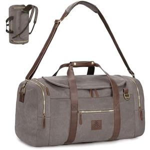 Densata Vintage Canvas Duffle Bag, 50L Genuine Leather Travel Duffel Backpack Multifunctional Overnight Weekender Bag with Shoes Compartment Men (Grey)