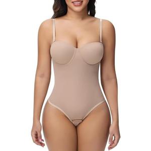 SHAPERIN Women's Tummy Control Shapewear Bodysuits Strapless Low Back Body Shaper with Built-in Bra & Removable Straps Size L