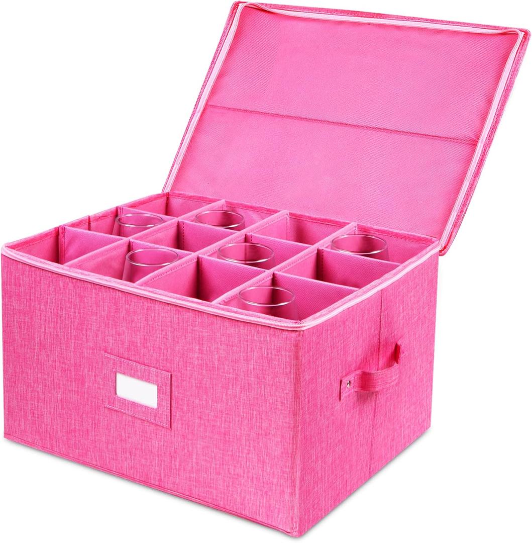 Stemware Storage Cases, Hard Shell Glass Storage Box Containers with dividers for 12 Glasses, Drinkware, Glassware or Crystal 17" x 13" x 10"H (Pink)