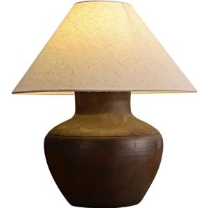 Farmhouse Ceramic Table Lamp Rustic Clay Pot Table Lamps Brown Ceramic Lamp Body with White Drum Shade Decor Bedside Nightstand for Living Room Bedroom House