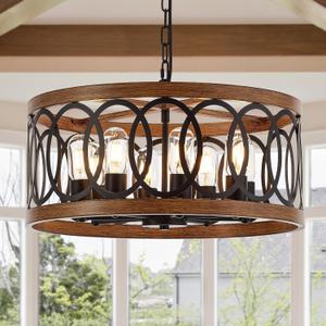 8-Light Farmhouse Drum Pendant Light,19.68'' Nature Wood Texture Vintage Rustic Chandeliers Black Metal Industrial Hanging Light Fixtures for Entryway, Bedroom Dining Room