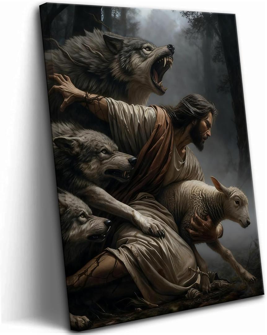 Jesus and Lamb Canvas Wall Art Jesus Saves the Lost Sheep Christian Wall Decor Painting Shepherd Protect a Lamb from Wolves Picture Poster Print Artwork for Living Room Bedroom Church Decor 12x16in