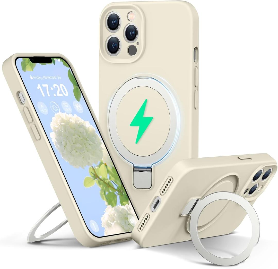 Liquid Silicone Case for iPhone 13 pro MAX with Magnetic Ring Stand, Upgraded Camera Lens Protection, Mil-Grade Drop Shockproof, Anti-Scratch Microfiber Lining Silicone Case (Beige)