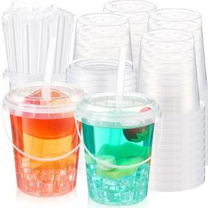 Funnymoom 200 Set 34oz Clear Plastic Drink Buckets with Lids and Straws Disposable Iced Coffee Cups Rum Buckets for Cocktail Parties Smoothie Cup Bulk with Handles for Beach Pool Party Supplies