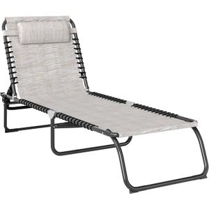 Outsunny Folding Chaise Lounge Chair, Patio Sun Tanning Chair, Outdoor Chaise Lounger with 4-Position Reclining Back, Breathable Mesh Seat for Beach, Poolside, Yard, Cream White (Pack of 1)