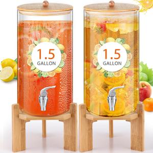 FillTouch 2 Pack 1.5 Gallon Glass Drink Dispensers for Parties, Beverage Dispensers with Stand, Spigot and Bamboo Lid Leakproof for Juice, Tea, Water, Lemonade and Party Drinks