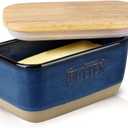 HVH Ceramic Butter Dish with Lid for Countertop, Airtight Butter Keeper with Wooden Lid, Butter Dishes with Covers, Ceramic Butter Container for East West Coast Butter, Farmhouse Style (Blue)