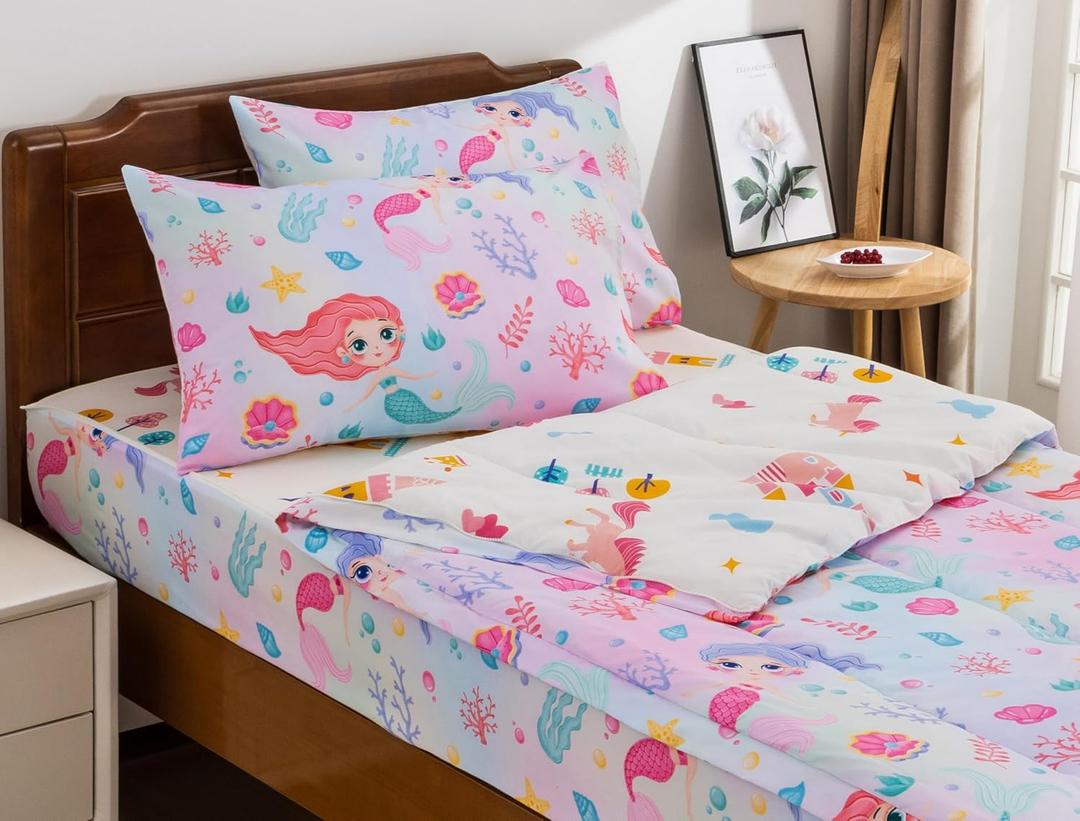 Meeting Story 3pcs Kids Comforter Sets Zipper Bedding Set for Girls,Twin Kid Bedding Set Mermaid Rainbow Comforter for Kid,All in one Zipper BeddingPink Yellow,Twin