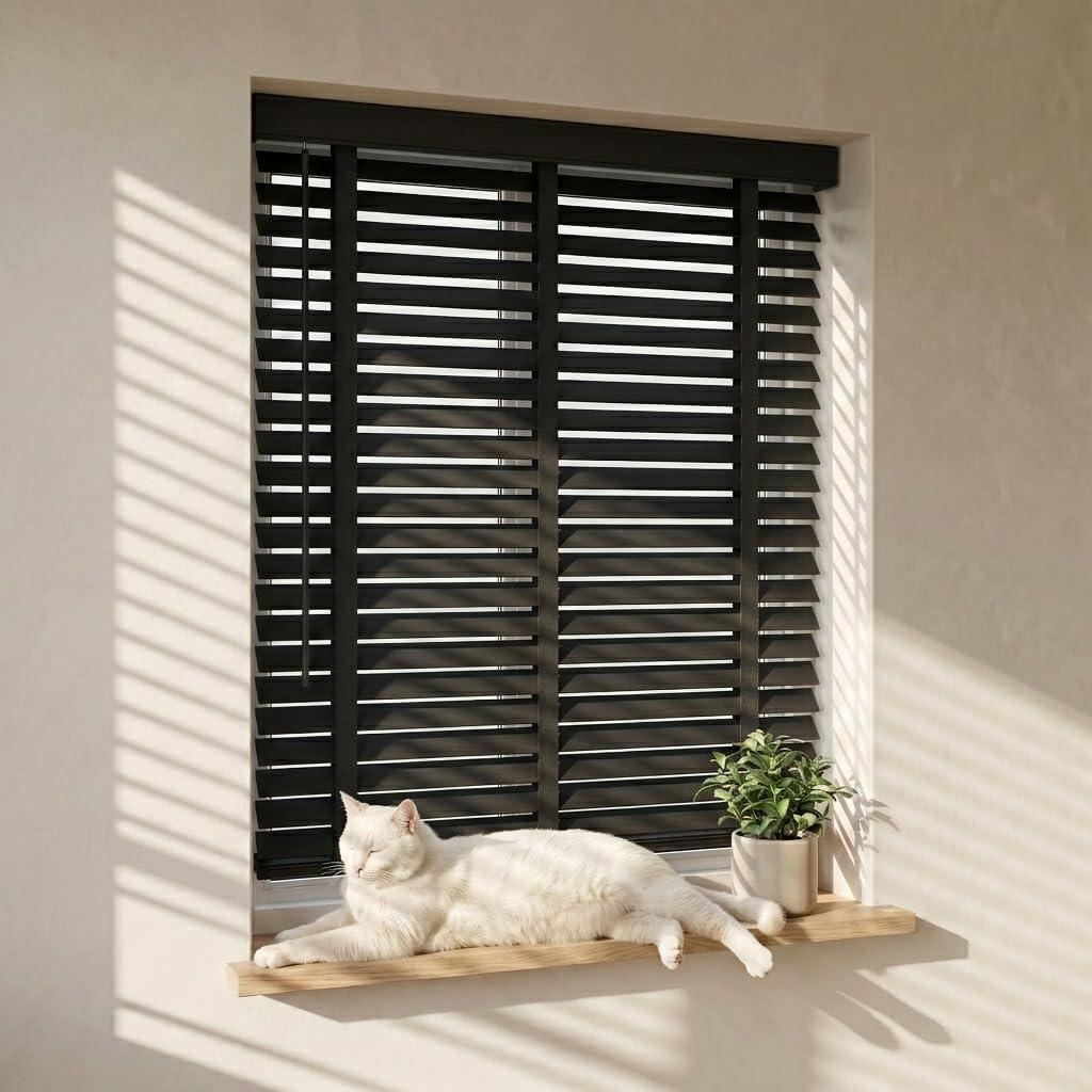2" Cordless Wood Blinds for Indoor Windows, Window Blinds Cordless for Home, Venetian Blackout Blinds & Shades for Bedroom, Kitchen, Room Darkening Privacy, Black, 45" W x 36" H