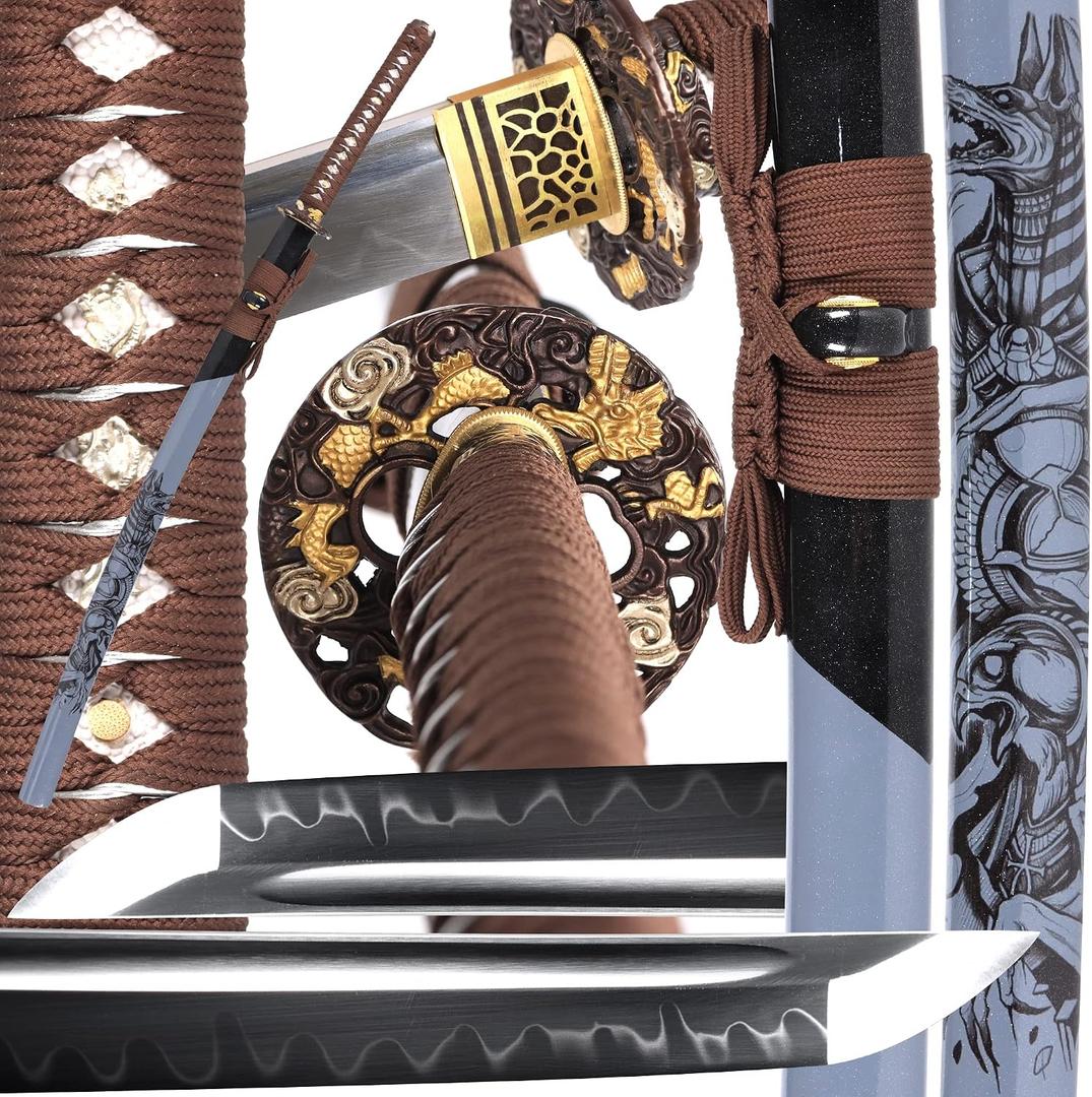 Entez Handcrafted Samurai Katana - Premium Damascus/T10 Clay Tempered Blades - Sharp Functional Japanese Swords, Full Tang