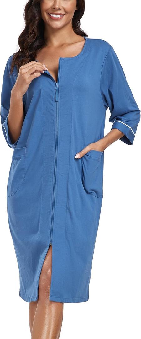 ANLIQI Womens Zipper Robe 100% Cotton Housecoat Lightweight Knee Length Bathrobe 3/4 Sleeve Zip Front House Coat with Pocket (Medium, A2_blue)
