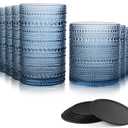 Hobnail Drinking Glasses Set of 12 Count, Vintage Glassware, Old Fashioned Glasses, 6 Highball Bubble Drinking Cups 14.5 oz, 6 Rocks Cups 10 oz with 6 Silicone Coasters, Blue