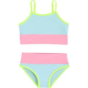 Little Girl Swimsuit Casual Swimwear Kids Two Piece Color Block Bathing Suits Beach Bikini Set (9-10 Years, Bright Green)