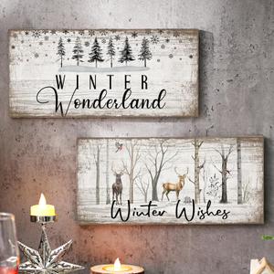 2 Pcs Winter Wonderland Decorations Farmhouse White Wonderland Signs for Door Wall Winter Wall Decorations Wooden Christmas Door Decor