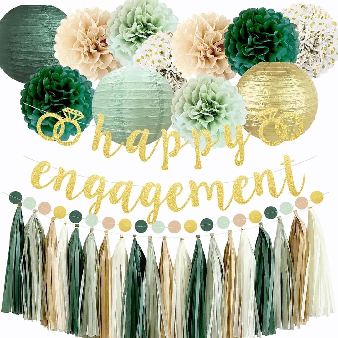 Engagement Party Decoration Set - Happy Banner, Sage Green Tissue Pom Poms, Paper Lanterns, Circle Dot Garland for Couple's Celebration and Bridal Shower