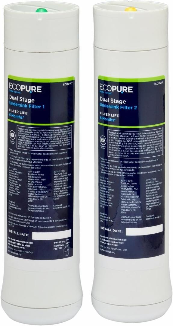 EcoPure Dual Stage Under Sink Replacement Water Set (ECODWF) | NSF Certified | Fits ECOP20 System | 6-Month Filter Life, 2 Count (Pack of 1)