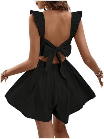 SweatyRocks Women's Bow Tie Back Ruffle Sleeveless Wide Leg Rompers Summer Vacation Short Jumpsuit, Black, L