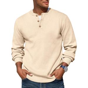 Runcati Mens Henley Knit Sweater Long Sleeve Quarter Button Pullover Sweaters Casual Fall Tops (X-Large, Beige)