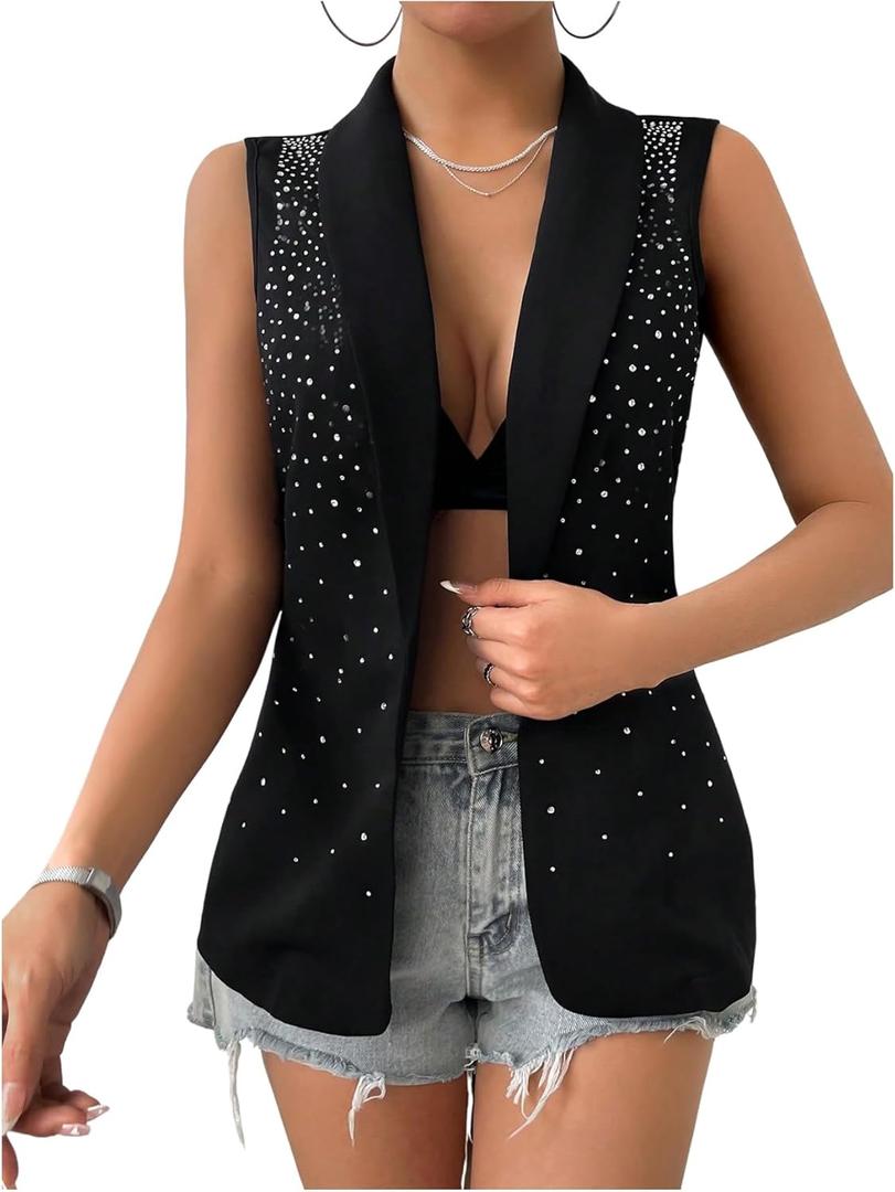 MakeMeChic Women's Glitter Rhinestone Blazer Sleeveless Open Front Party Y2K Vests (Large, Black)