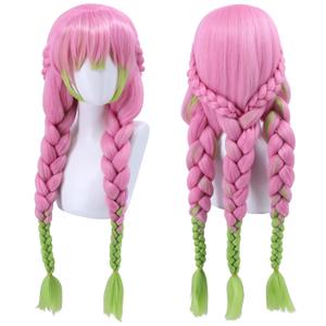 Pink Green Braid Cosplay Wigs for Women Long Braided Wig with Bangs for Party Halloween Costume