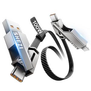 Vexipia 4in1 USB C Cable 3FT Compatible with Lightning Cable 90 Degree Fast Charging Flat Nylon Braided for iPhone/iPad Charger Cord Multi Charge Cord with L/USB C/USB A Ports, Grey