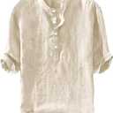 Ryannology Mens Linen Shirts Casual Cotton 3/4 Sleeve Regular-Fit Henley T-Shirt Summer Lightweight Beach Yoga Tops (Medium, 01 Beige)