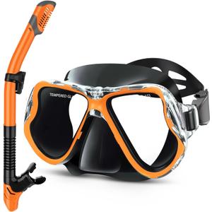 Greatever Dry Snorkel Set,Panoramic Wide View,Anti-Fog Scuba Diving Mask,Professional Snorkeling Gear (Adults, Black Orange)