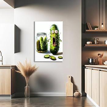 OIQArtOIQ Funny Kitchen Wall Art, Weird Kitchen Wall Decor, Vegetable Paintings Cool Postsers, Food Art, Eclectic Decor Dining Room, Chef Canvas Wall Art Print Artwork, Pickle Pictures