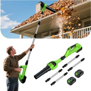 Roof Gutter Cleaning from The Ground, 40V Leaf Blowers Cordless with 2 Battery, Adjustable Pole (98inch)3 Speed Modes 500CFM/180MPH for Gutter Cleaner Extension Attachment Kit for Garden,House (Green1)