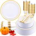 350Piece Gold Dinnerware Set for 50 Guests - Gold Plastic Plates with Disposable Cutlery Include:50Dinner Plates-50Dessert Plates-50Pre Rolled Napkins with Silverware for Thanksgiving (White and Gold)