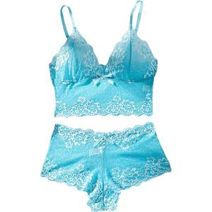 Lilosy Sexy Women Lace Pajamas Lingerie Set High Waist Sheer Sleepwear See Through Nightwear Bow Ties Cami Shorts Bra and Panty 2 Piece Floral Light Blue Medium