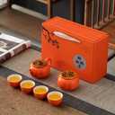 Portable Gongfu Ceramic Tea Set - Beautiful Persimmon-Shaped Chinese Tea Set with Teapot, Tea Can & 4 Cups, Gift Boxed