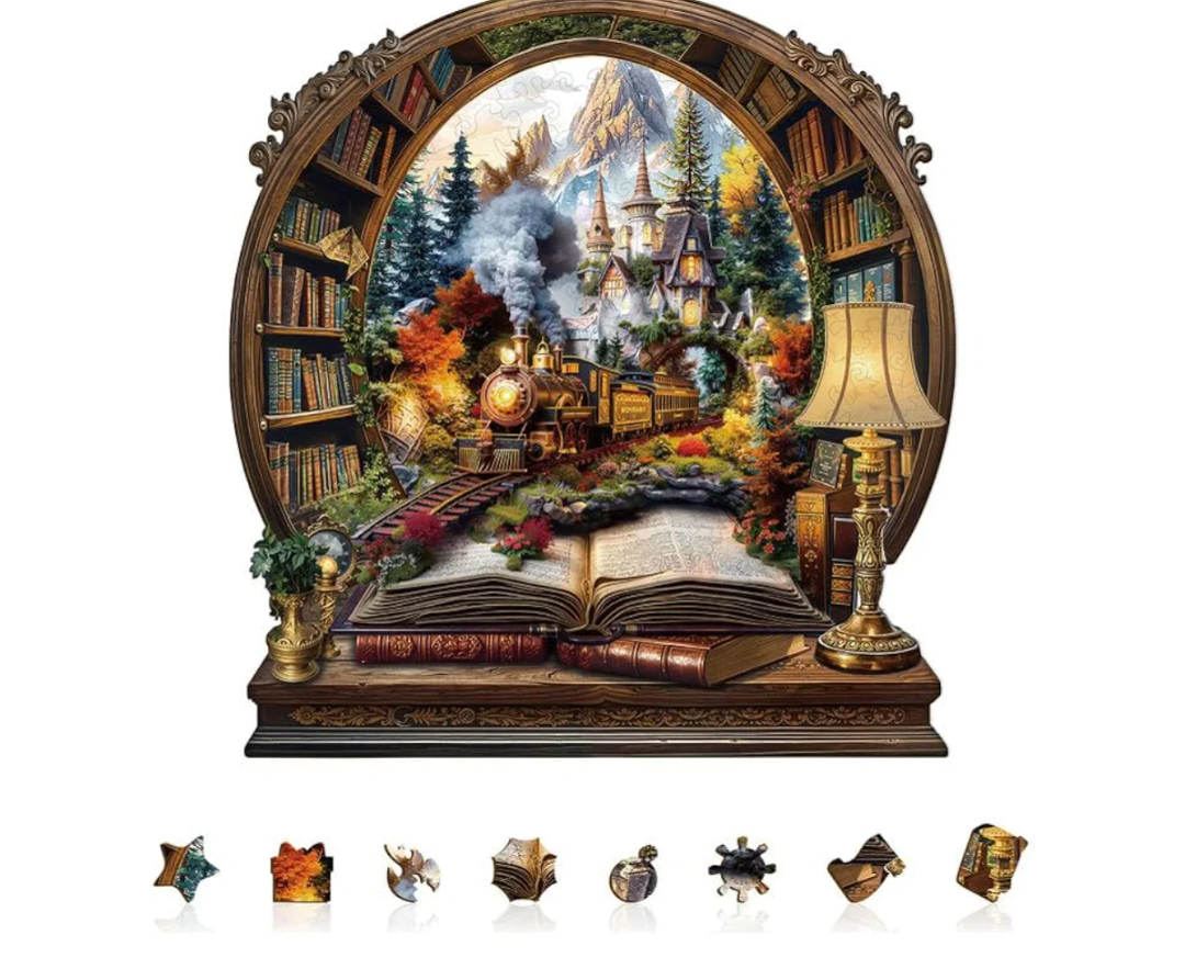 Jigfoxy Wooden Puzzles for Adults, The Train in The Book Wood Puzzles Adult, Unique Animal Shape Wooden Jigsaw Puzzle, for Puzzle Lovers, Family, Friend (M-11.4 * 10.7in-200pcs)