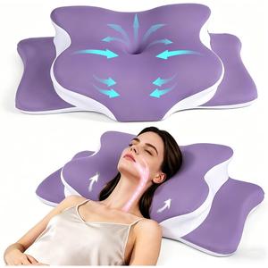 Cervical Pillow for Neck Pain Relief, Hollow Design Odorless Memory Foam Pillows with Cooling Case, Adjustable Orthopedic Bed Pillow for Sleeping, Support for Side Back Sleepers (Purple), Queen