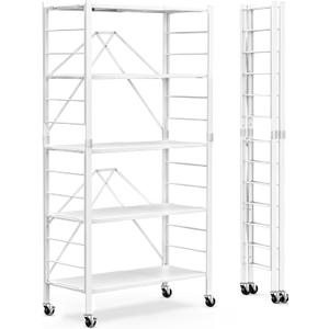 Himix 5 Tier Foldable Storage Shelves, Expandable Folding Pantry Shelf with Wheels, Changeable into 2 Shelf Units, Collapsible Storage Rack Metal Shelves for Kitchen, Room, Garage, White