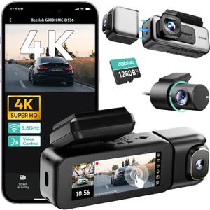 BOTSLAB 3 Channel Dash Cam 4K with 128GB Card, 3.18" Touch Screen, Voice Control, 4K Dash Cam Front and Rear Inside Loop Recording, 5.8GHz WiFi, GPS, Night Vision, WDR, Parking Mode (Dark Gray)