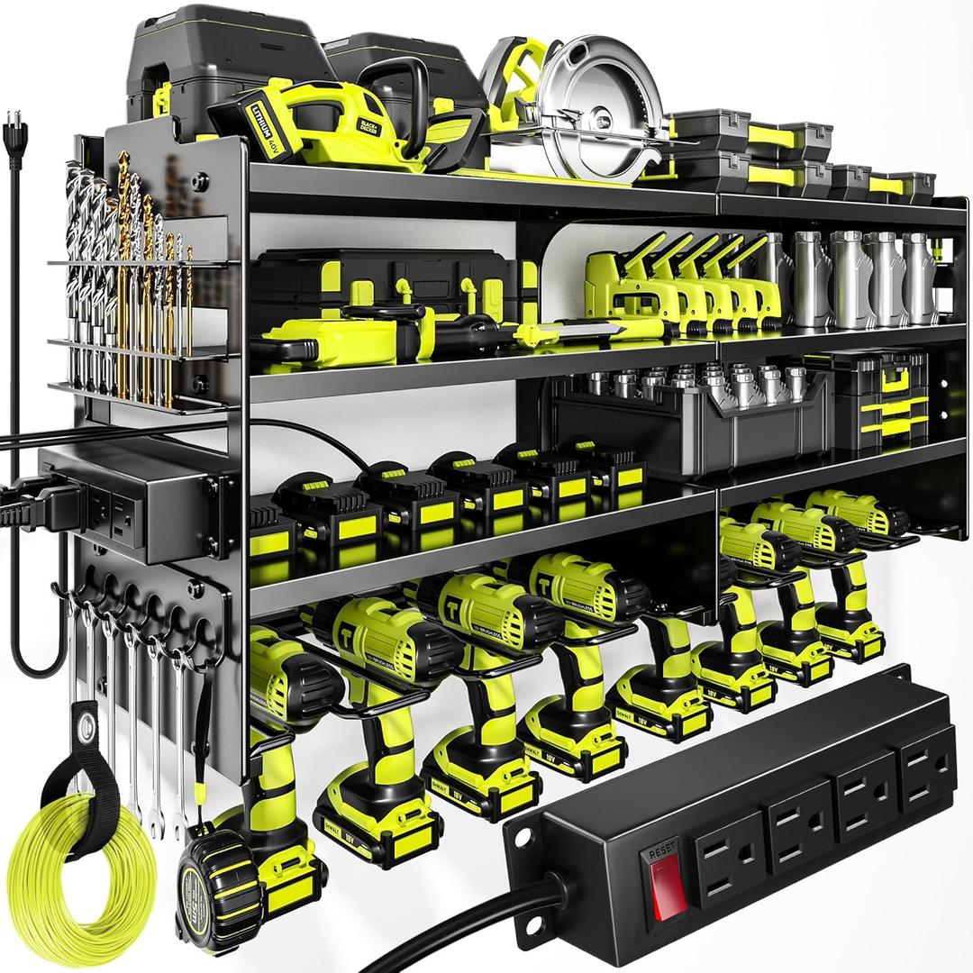 Large Power Tool Organizer Wall Mount with Charging Station,4 Layer Heavy Duty Metal Tool Storage Rack Loads 600lbs with 8 Cordless Drill Holder,Battery Utility Rack Loads with 4 Power Strip (Black)