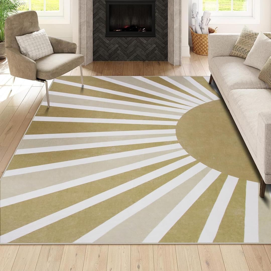 Lahome Area Rugs 9'x12' - Non-Slip Washable Living Room Rug 9x12 Ultra-Thin Large Soft Bedroom Rugs, Boho Rainbow Sun Print Indoor Non-Shedding Floor Rug for Dining Room Table Office (9'x12', Khaki)