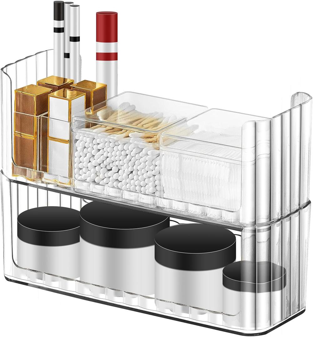 Poeland 2 Pack Stackable Makeup Organizer Tray, Transparent Cosmetic Display Case with 2 Lipstick Cases and 2 Cotton Swab Pad Boxes, Medicine Cabinet Shelves Organizer