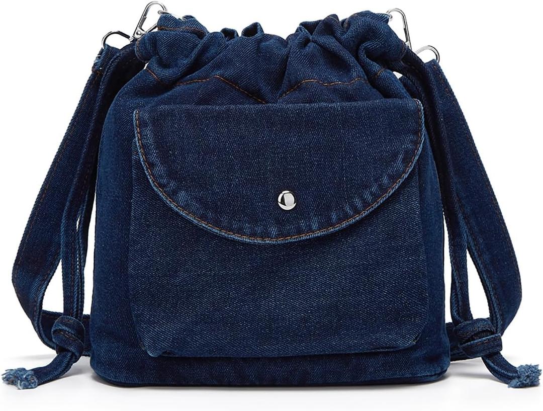 Womens Small Denim Shoulder Crossbody Bag Canvas Bucket Tote Bag Drawstring Lightweight Phone Purse Handbags (Dark Blue)