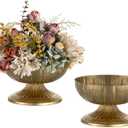 NUPTIO Gold Compote Vase for Centerpiece: 8.5" Wide Short Pedestal Footed Bowl for Flowers - Distressed Brass Urn for Decorative Wedding Table Set of 2