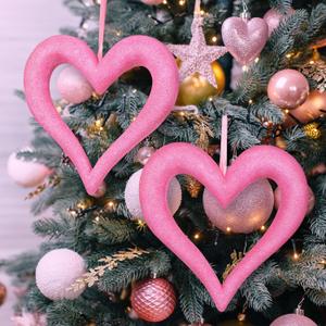 Syhood 2 Pcs 10'' Large Valentine's Day Heart Tree Ornaments 3D Heart Valentine Ornaments Glitter Tree Decor Wreath for Front Door Wall Mantel Party Decor (Pink)