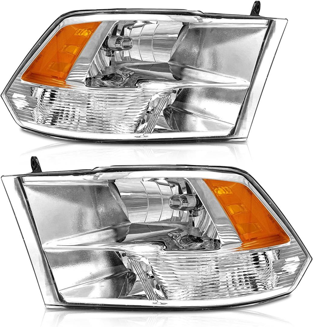 2009-2018 Dodge Ram Headlights Assembly for 2009-2018 Dodge Ram 1500, 2010-2018 Dodge Ram 2500/3500 Chrome Housing Amber Reflector Driver and Passenger Side (High & Low Beam (W/O Bulbs))
