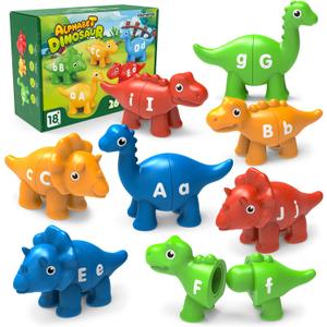 26PCS Dinosaur Alphabet Learning Toys for Kids Ages 3-5, Double-Sided ABC Matching Game with Uppercase Lowercase, Montessori Educational Fine Motor Toys, Preschool Sensory Sorting Toy Gift