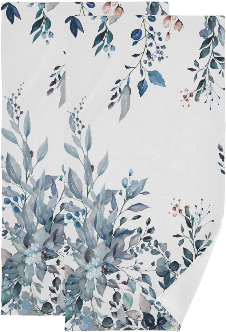Blue Eucalyptus Leaf Hand Towels for Bathroom 2 Pack,Microfiber Soft Absorbent Watercolor Leaves Plant Floral Fingertip Kitchen Towels,Decorative Bathroom Towels for Face,Guest,Bath 14"x28"