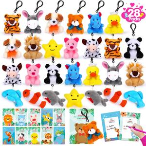 28 Packs Valentines Day Gifts for Kids Girls Boys with Valentines Stuffed Animal Keychain Valentine Cards for Kids Classroom Exchange Gifts Mini Animal Plush Toys Valentines Party Favor School Prizes