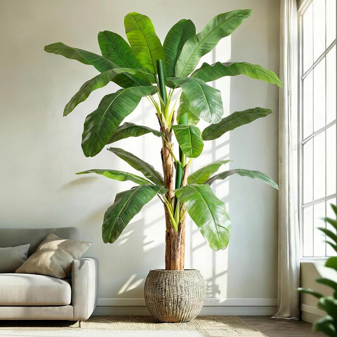 7ft Extra Tall Artificial Banana Tree, Fake Banana Leaf Plant with 19 Faux Banana Leaves, Perfect for Home Indoor Outdoor Patio Office Tropical Decor