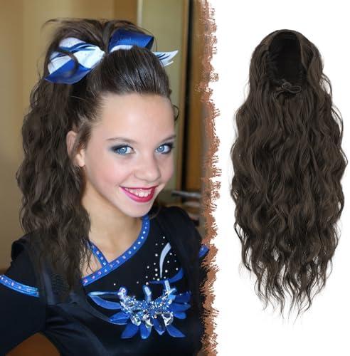 FESHFEN Cheer Ponytail Extensions, 18 inch Long Curly Wavy Drawstring Ponytails Synthetic Pony Tail Hairpieces for Women, Brown