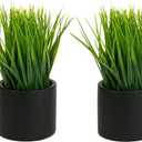 MyGift Tabletop Artificial Grass Plants Decorative Faux Greenery Plant Potted in Modern Cylindrical Black Cement Pots, Set of 2